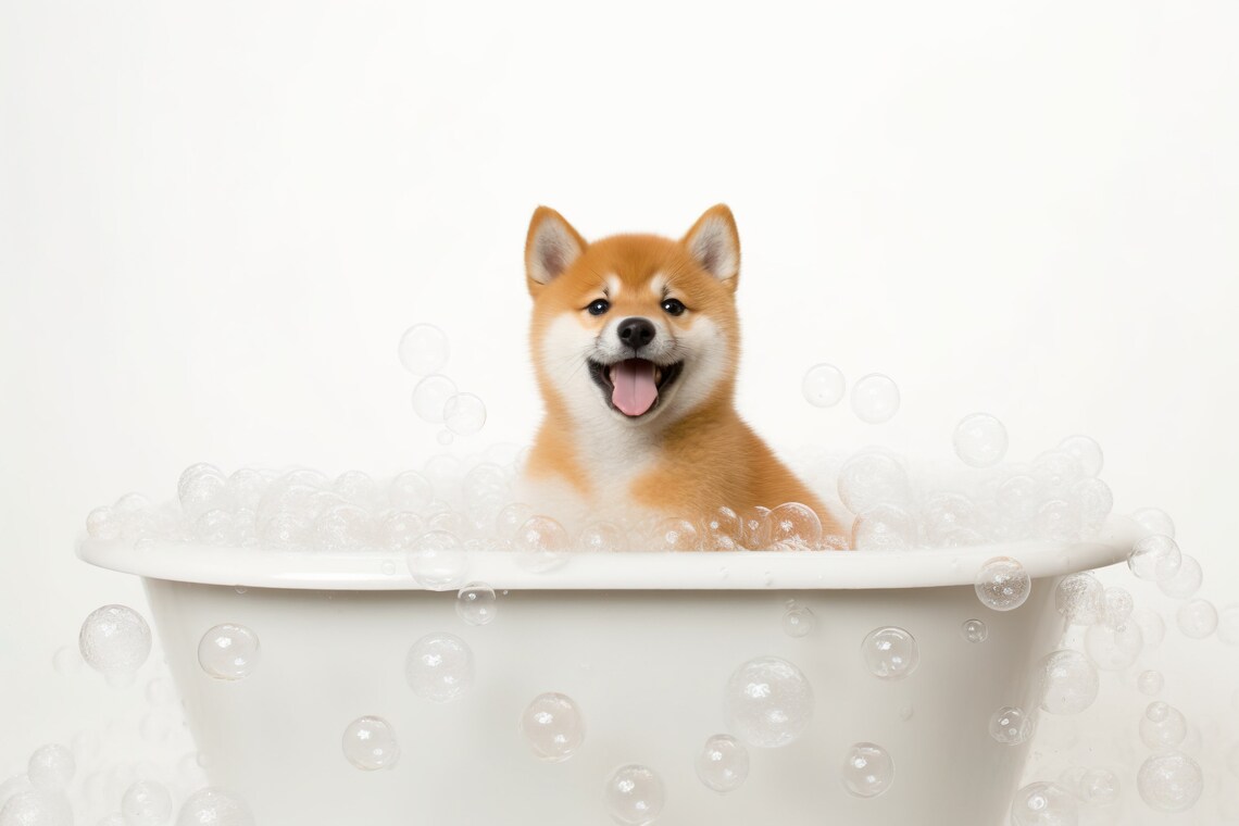 Shiba Inu Pup In The Bathtub, Funny Dog Art Print
