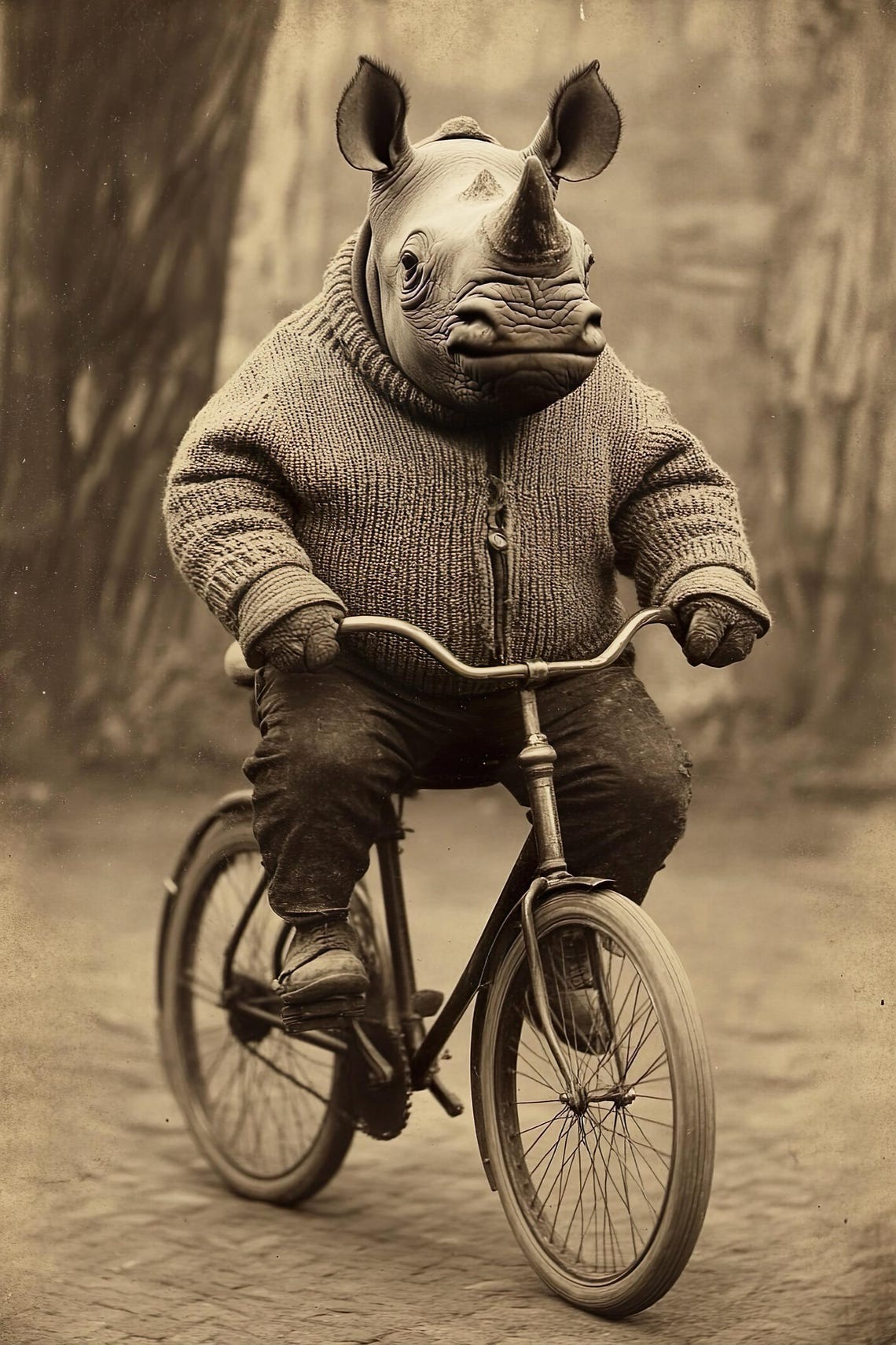 Rhino Riding A Bike Funny Animal Wall Art Rhino With Bicycle Funny Vintage Style Animal Photo Cute Retro Home Print Ai Art