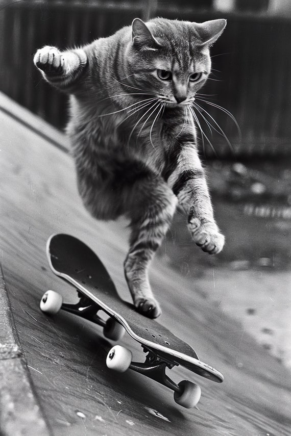 Cat Skateboarding Funny Animal Art Print