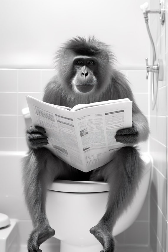 Gibbon Ape Sitting On The Toilet Reading A Newspaper Funny Bathroom Wall Art Funny Monkey Print Funny Animal Photo Ai Art