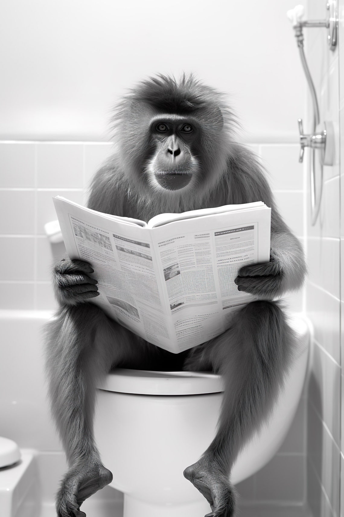 Funny Gibbon Ape Reading Newspaper on Toilet Bathroom Poster