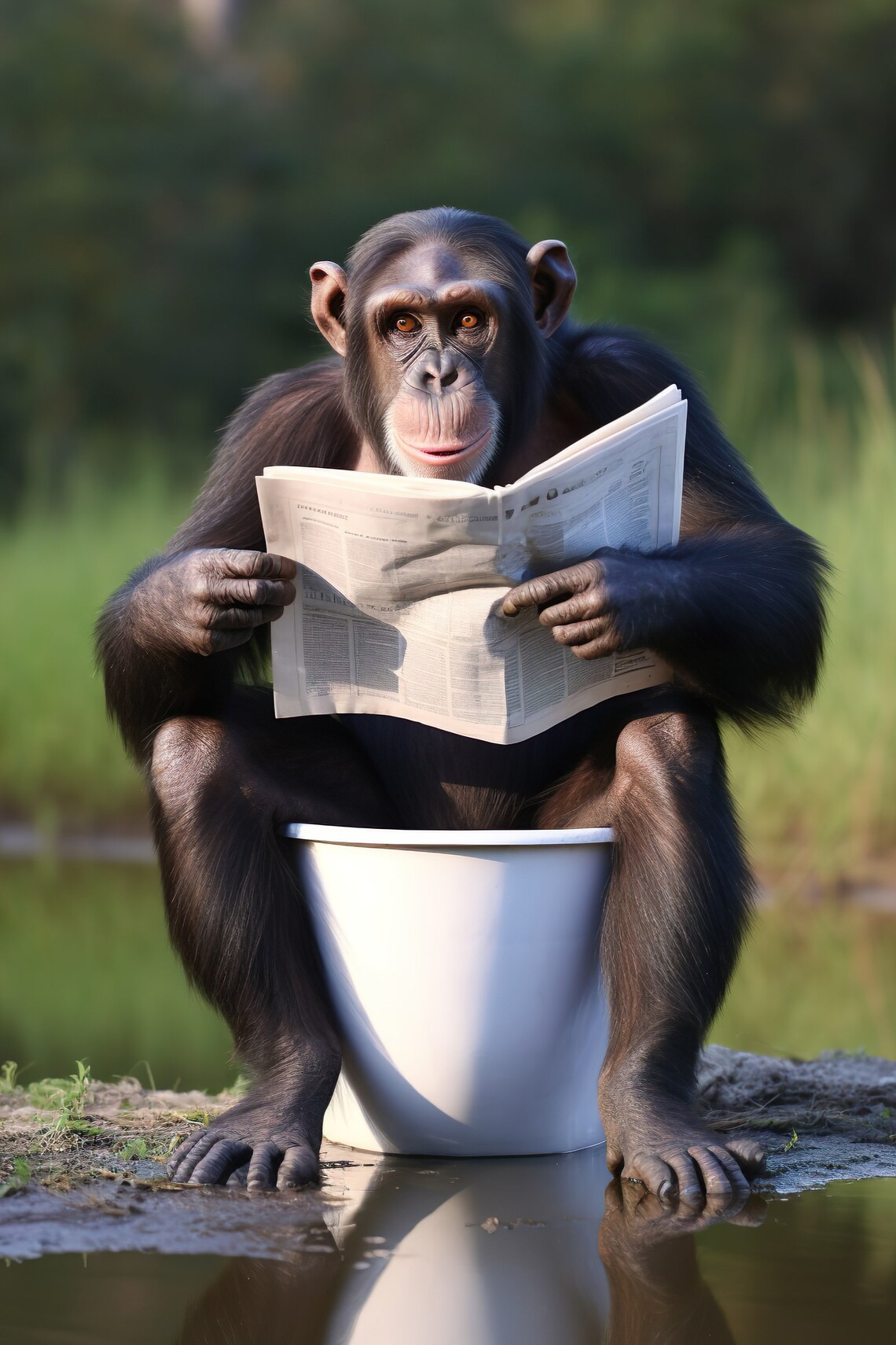 Chimpanzee Sitting on the Toilet Reading Newspaper Art Print
