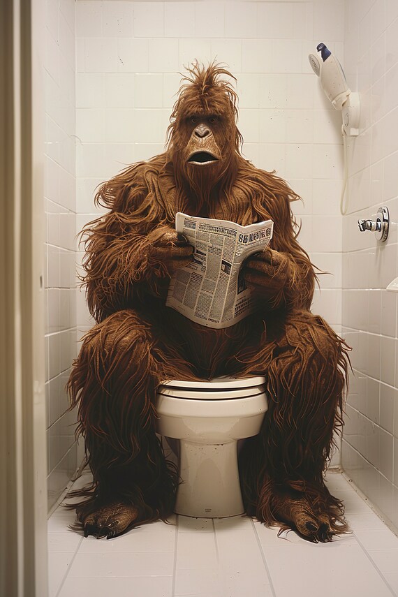 Sasquatch Bigfoot On The Toilet Reading Newspaper Funny Bathroom Poster