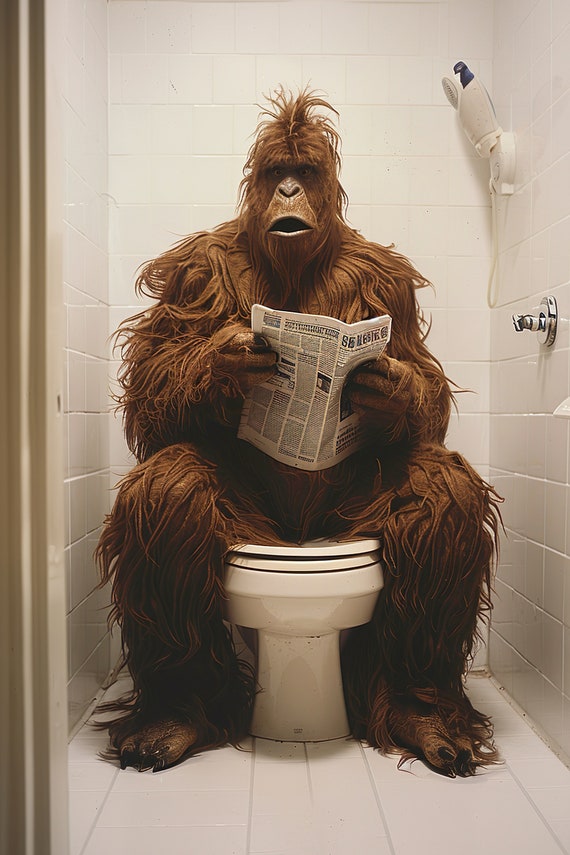 Sasquatch Sitting On The Toilet Reading A Newspaper Funny Bigfoot Print Funny Bathroom Mythical Creature Wall Art Ai Art