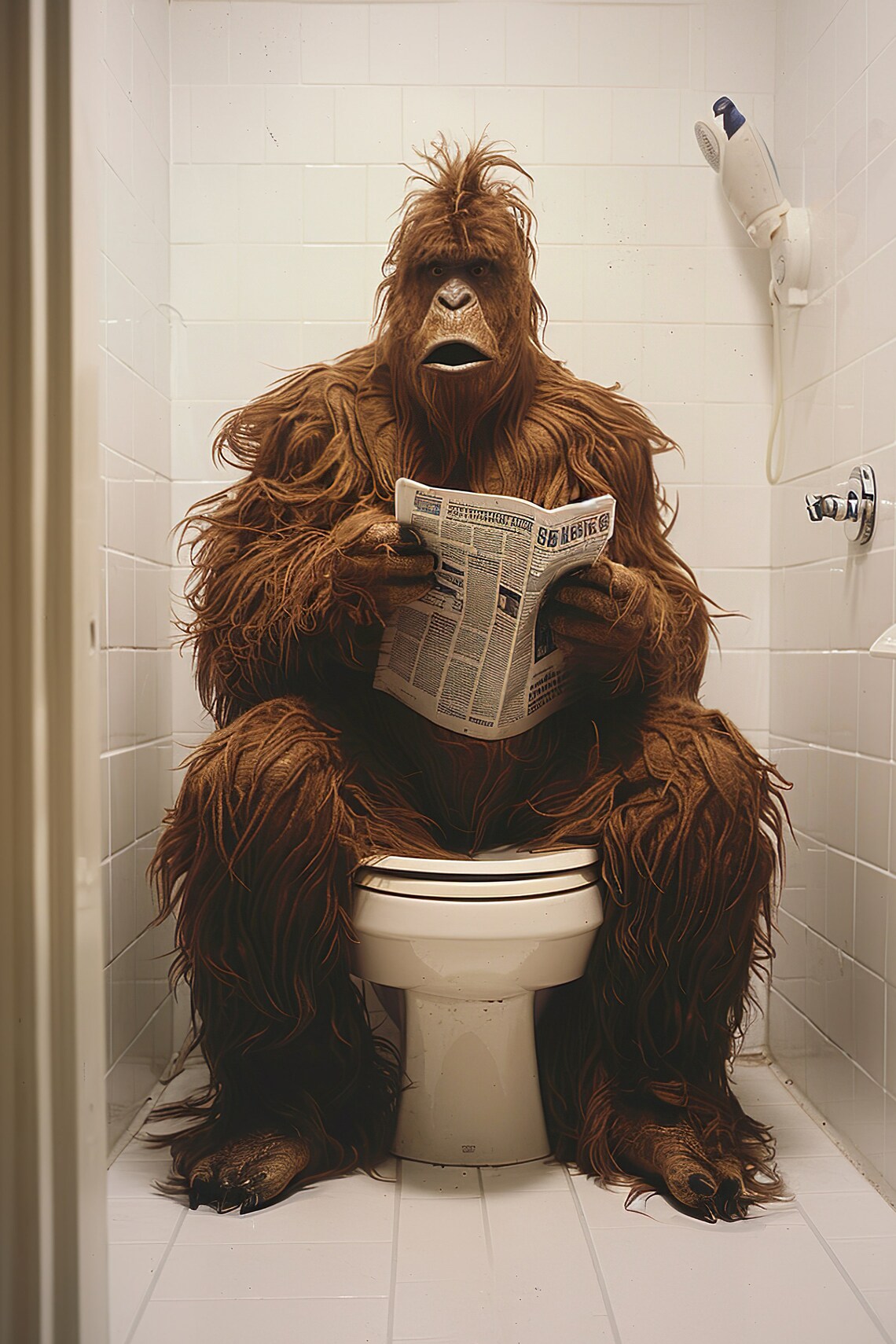 Sasquatch Bigfoot On The Toilet Reading Newspaper Funny Bathroom Poster