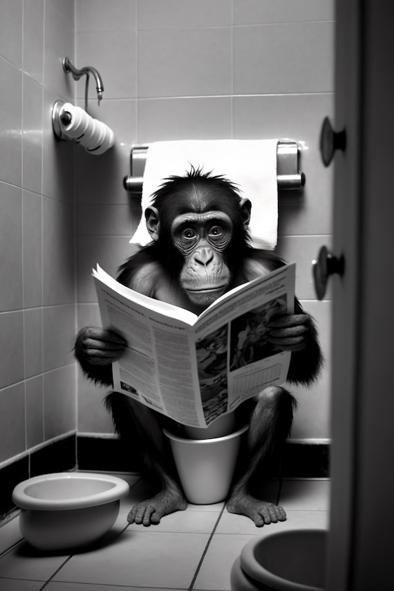 Monkey Sitting On The Toilet Newspaper Bathroom Art Print