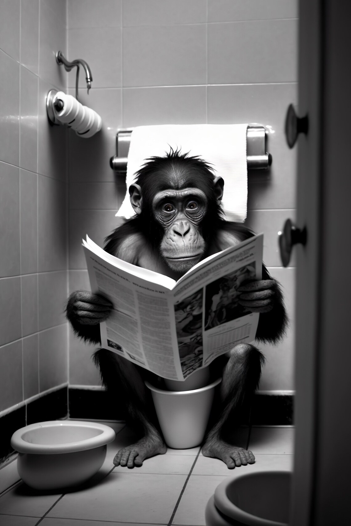 Monkey Sitting On The Toilet Newspaper Bathroom Art Print
