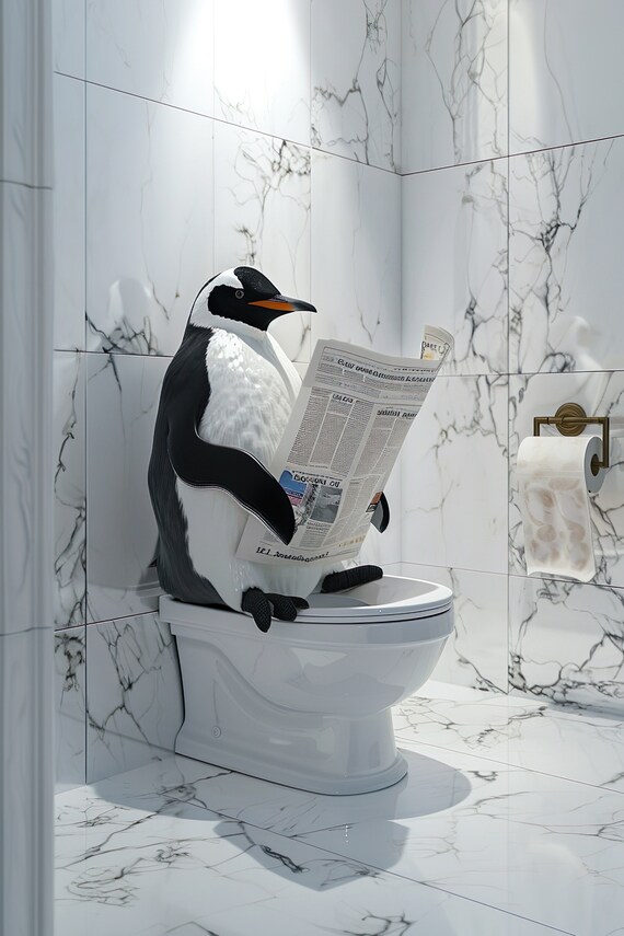 Penguin Reading Newspaper on Toilet in Marble Bathroom Poster