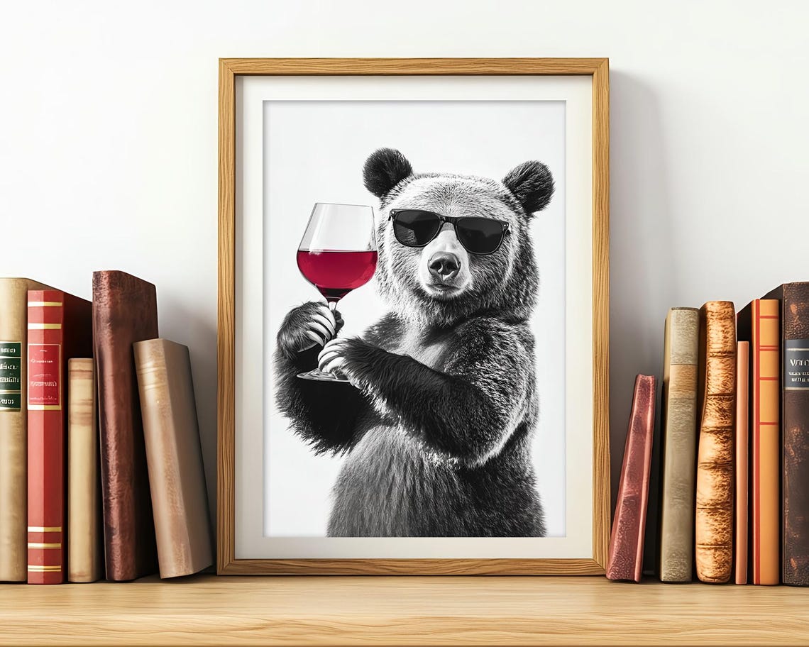 Cool Bear With Sunglasses Holding Red Wine Glass Funny Bar Poster - Image 2
