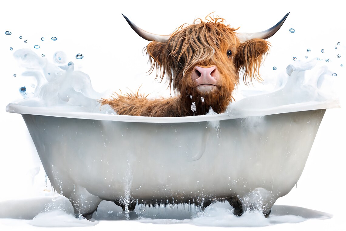 Baby Highland Cow In The Bathtub, Funny Bathroom Art Print