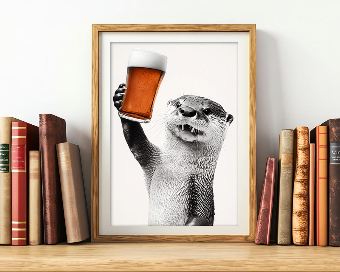 Otter Drinking Beer Funny Animal Bar Decor Black And White Poster - Image 2