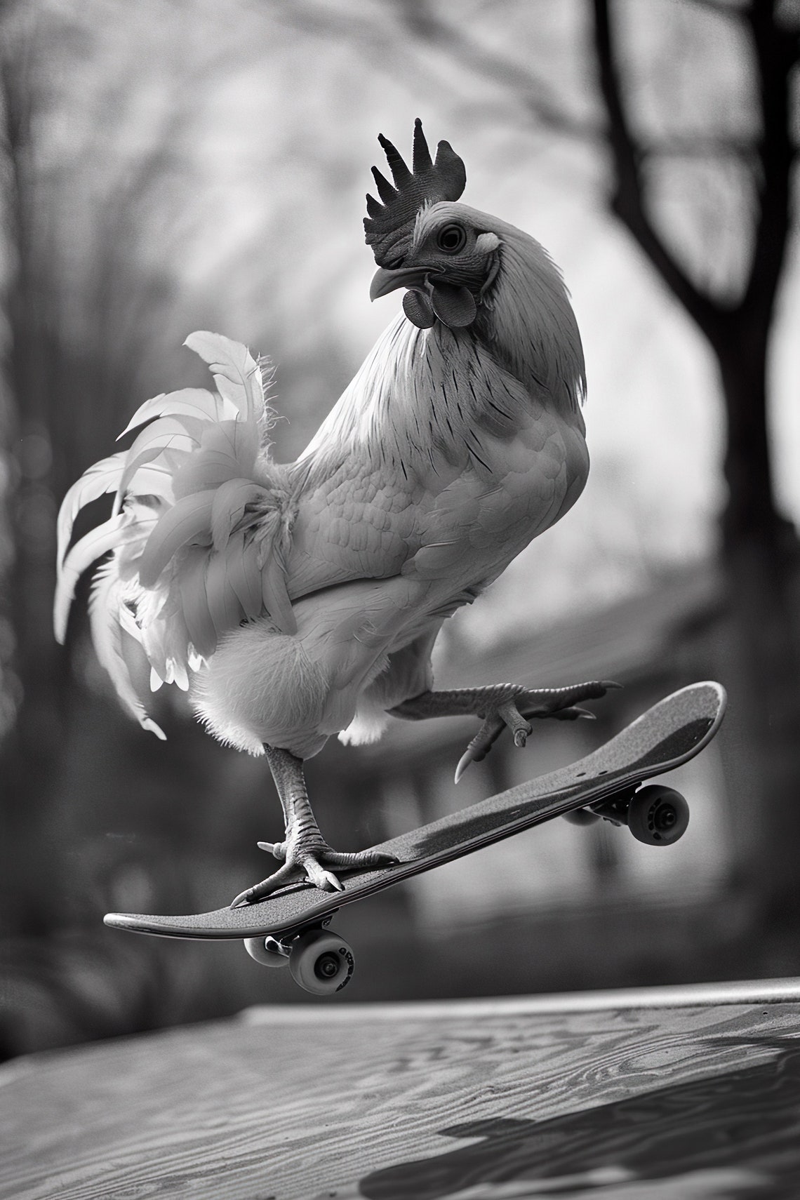 Chicken Skateboarding Funny Animal Wall Art Chicken On Skateboard Vintage Chicken Photo Black White Photography Ai Art