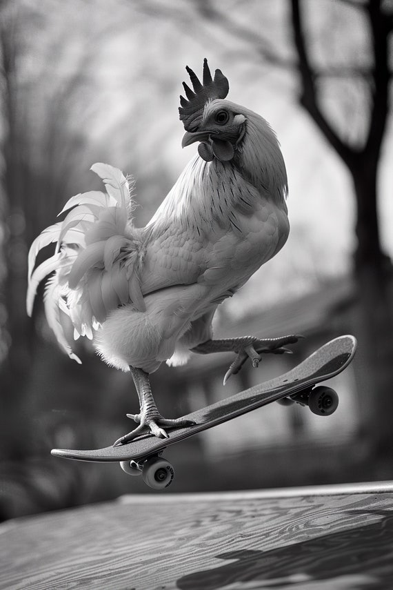 Chicken Skateboarding Funny Animal Wall Art Chicken On Skateboard Vintage Chicken Photo Black White Photography Ai Art