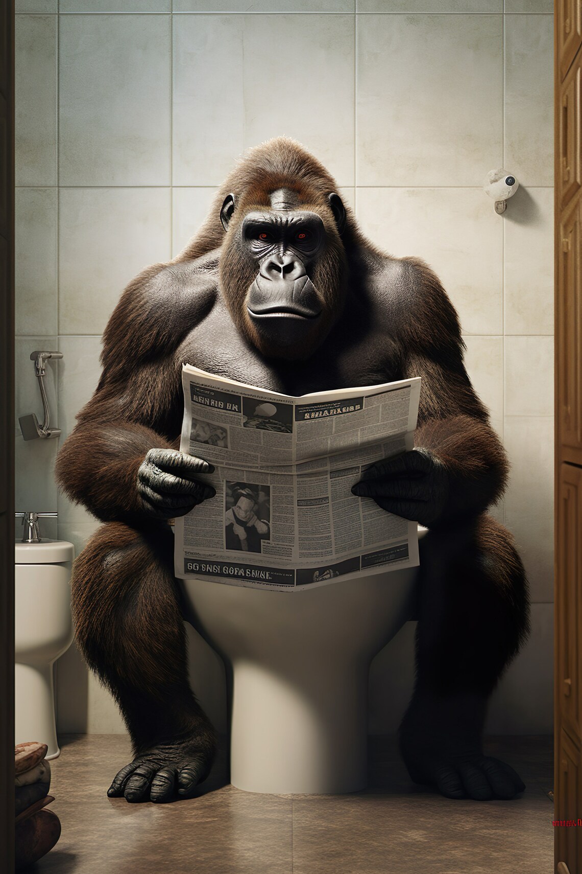 Gorilla Sitting on the Toilet Reading Newspaper