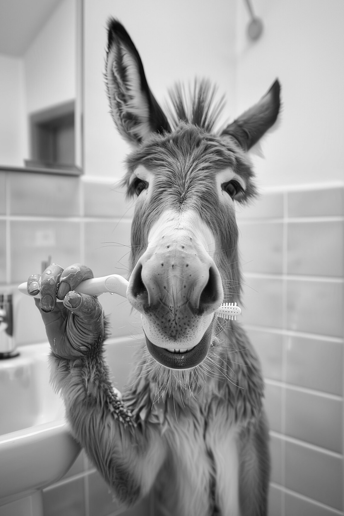 Funny Donkey Brushing Teeth Bathroom Art Print
