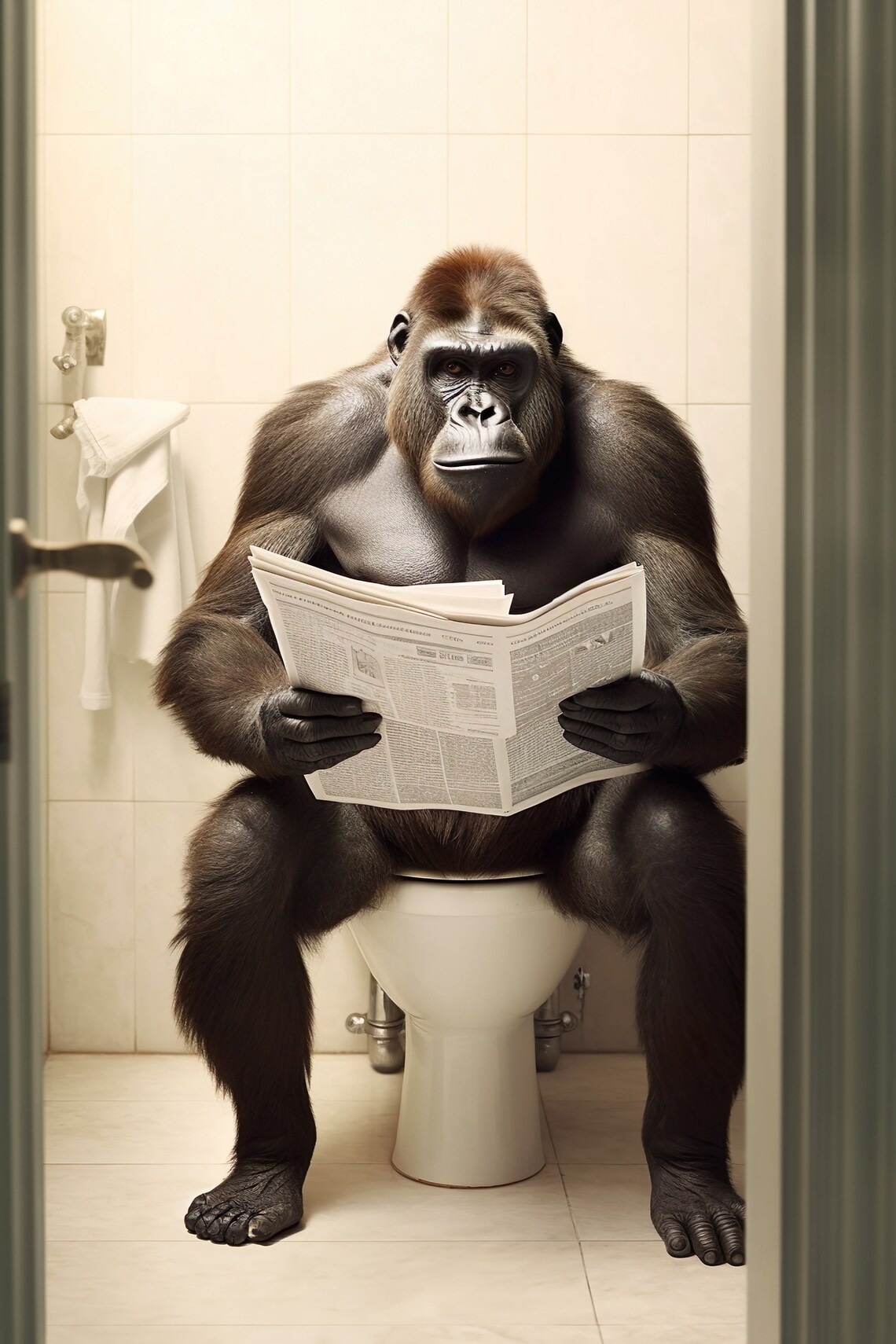 Gorilla Reading Newspaper Bathroom Art Print
