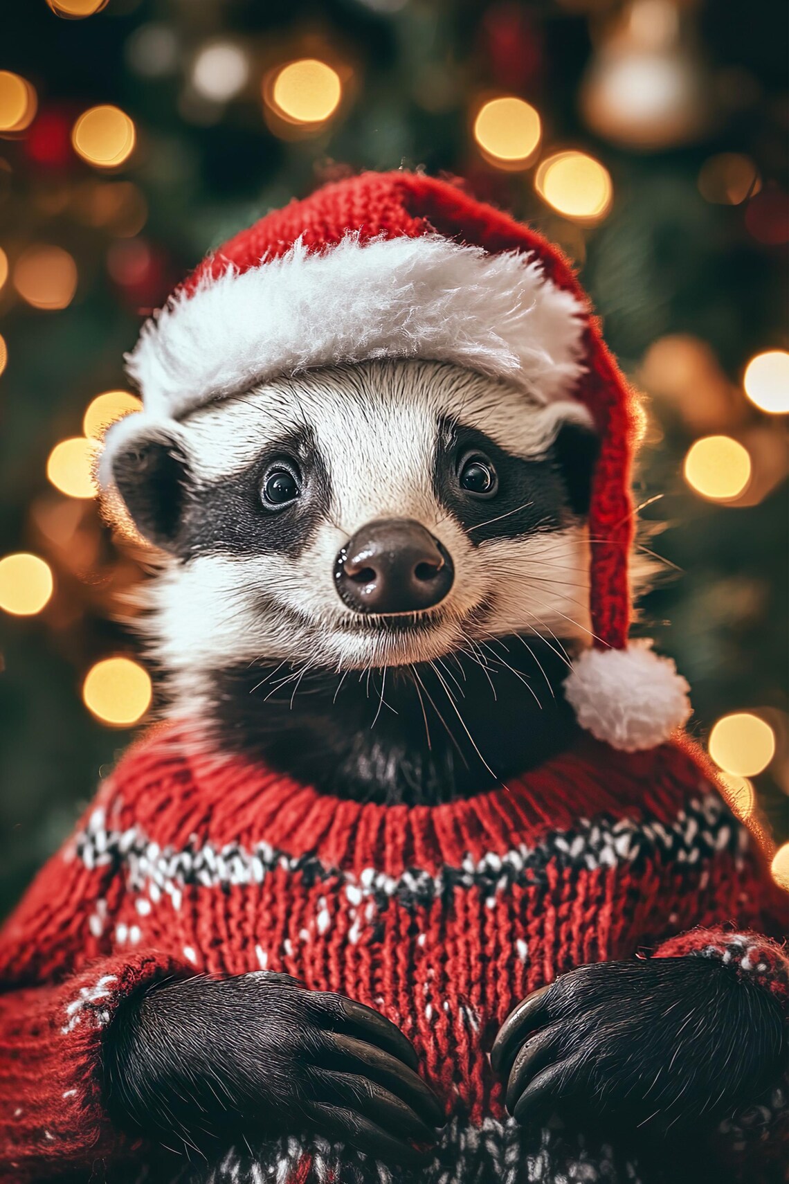 Badger in Santa Hat and Red Sweater Cute Christmas Holiday Animal Poster - Image 2