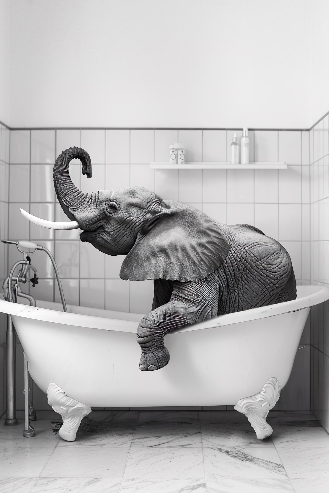 Funny Elephant Standing In Clawfoot Bathtub Trunk Raised Poster