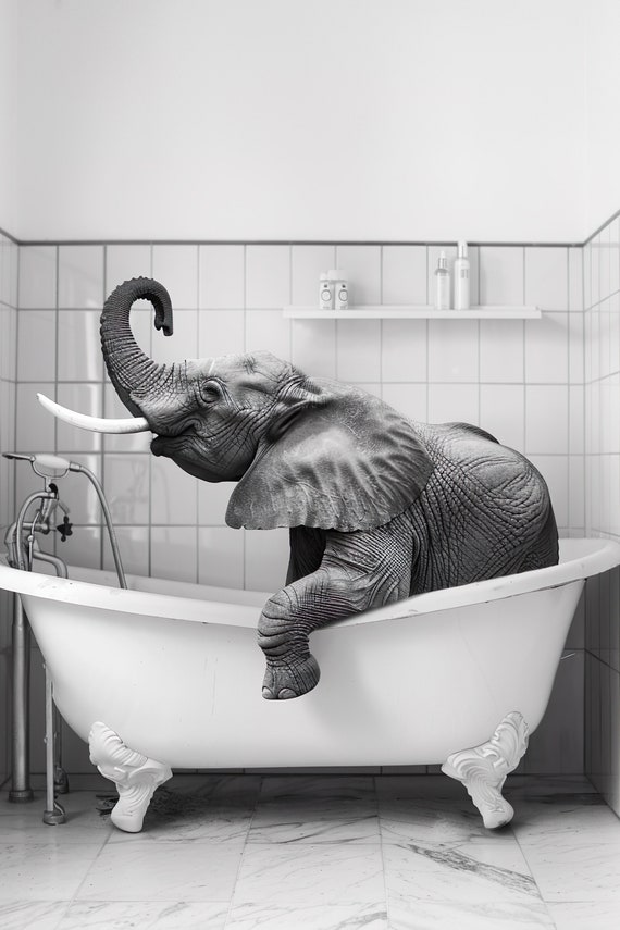 Elephant In The Bathtub Funny Animal Photograph Elephant Taking A Bubble Bath Ai Animal Print Funny Bathroom Wall Art Home