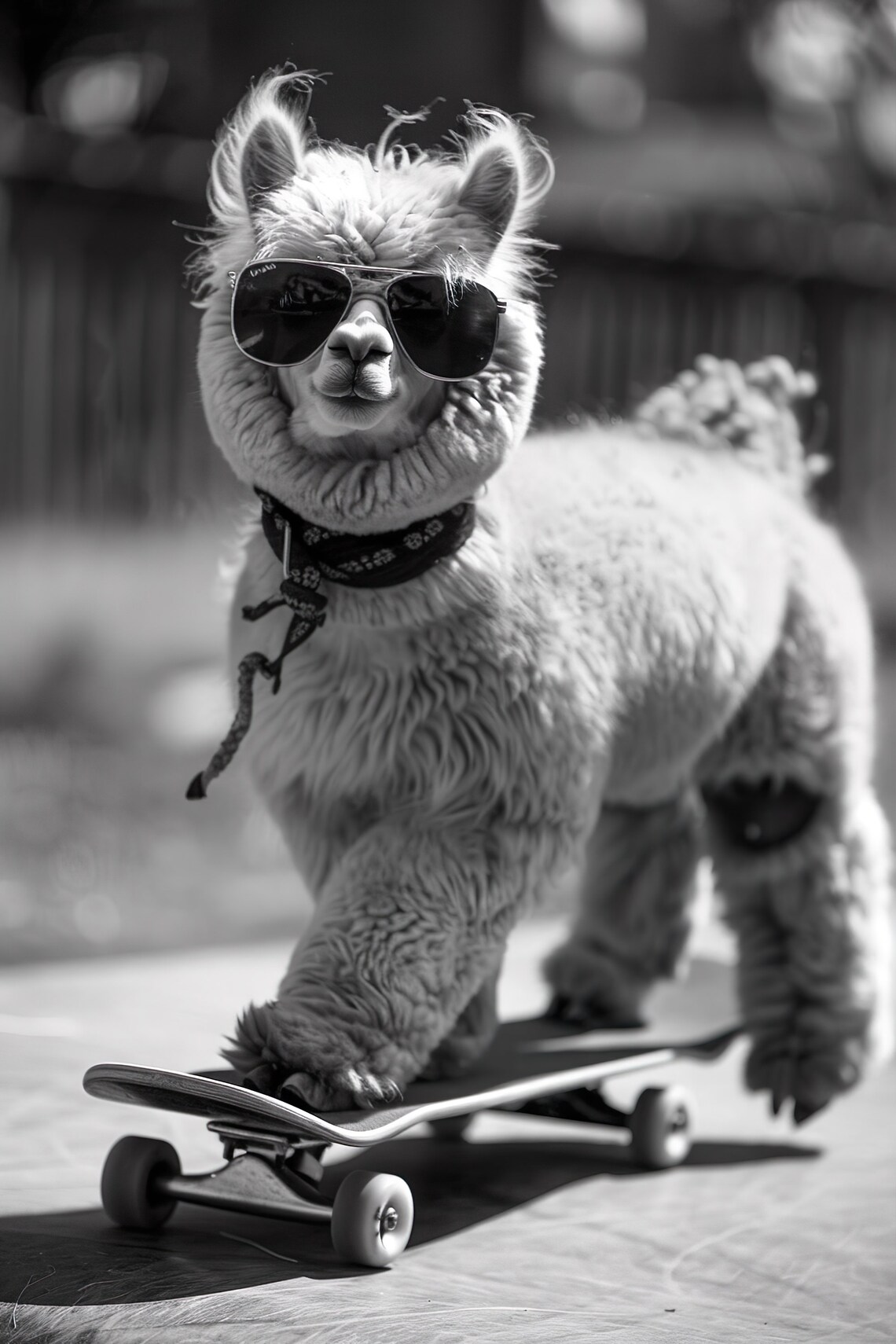 Funny Alpaca Sunglasses Skateboard Black And White Photo Print