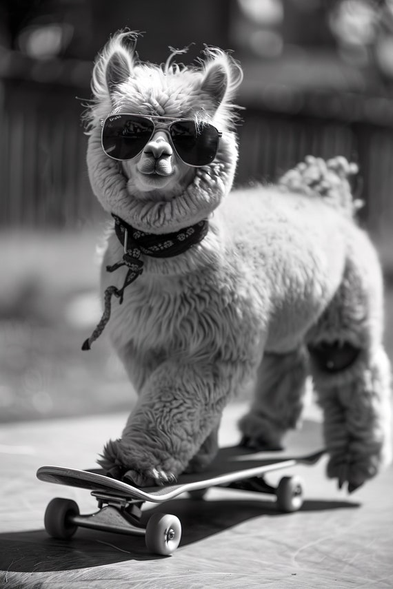 Alpaca Skateboarding Funny Animal Wall Art Alpaca On Skateboard Funny Vintage Alpaca Photo Black White Photography Ai Art