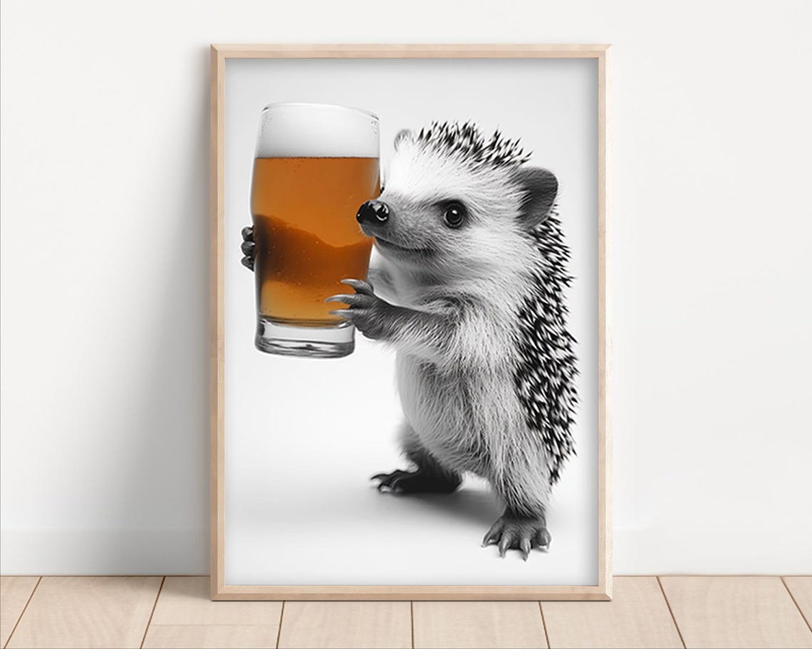 Hedgehog Drinking Beer Funny Animal Bar Decor Black And White Poster