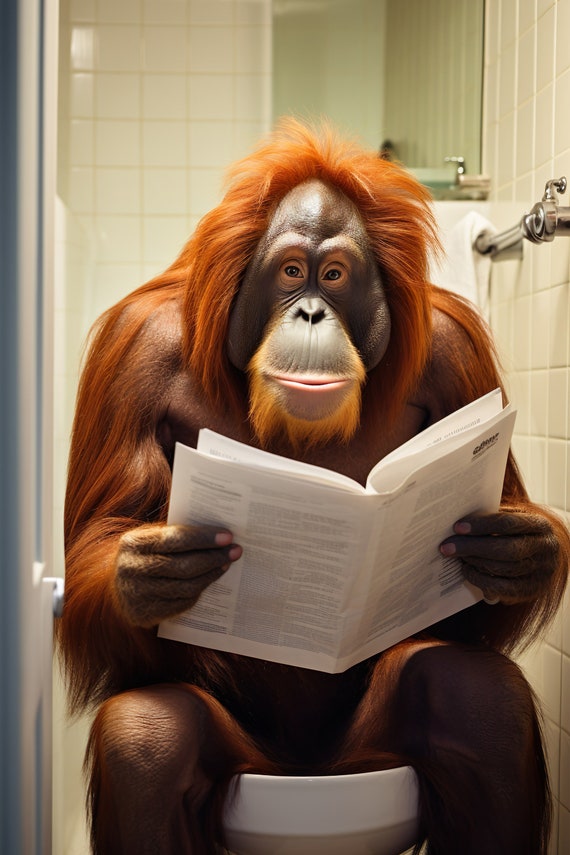 Orangutan Ape Sitting On The Toilet Reading A Newspaper Funny Bathroom Wall Art Funny Monkey Print Funny Animal Photo Ai Art