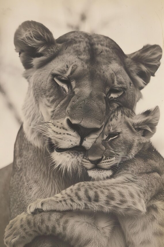 Lioness Nuzzling Cub Close Up Black and White Poster for Nursery Decor