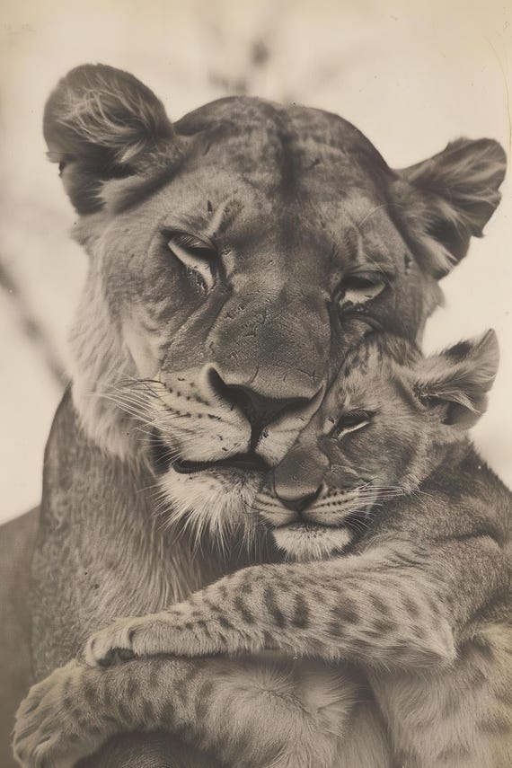 Mom Baby Lion Cute Animal Family Wall Art Nursery Room Bedroom Prints Cute Vintage Style Animal Photo Mommy And Me Ai Art