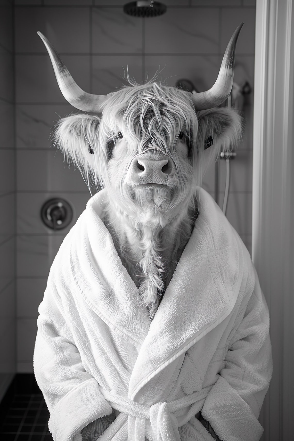 Highland Cow in Bathrobe Black and White Funny Bathroom Poster