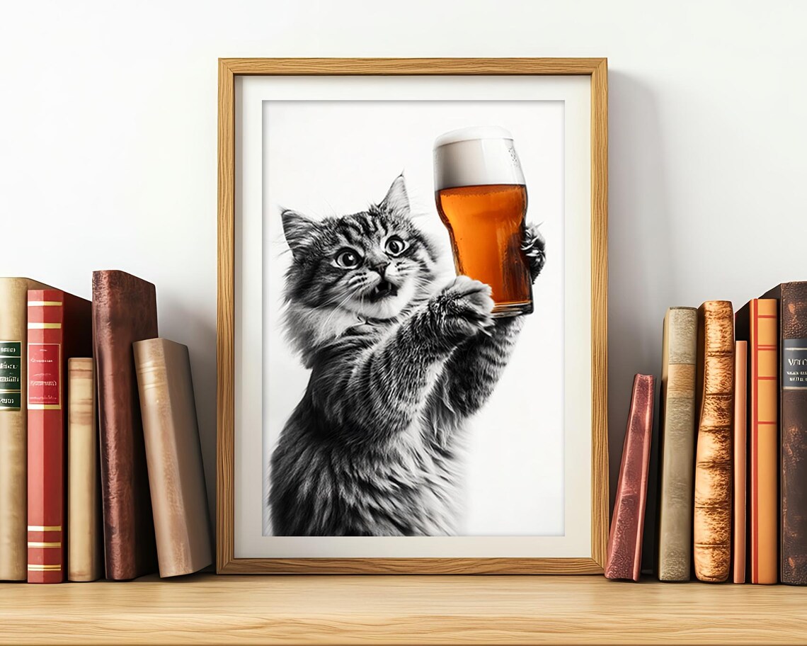 Cat Drinking Beer Funny Kitchen Wall Art Print - Image 2