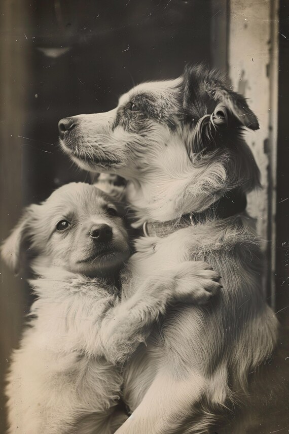 Mother Dog and Puppy Hugging Black and White Photo Poster for Nursery Decor
