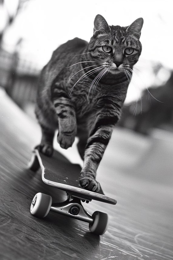 Cat Skateboarding Funny Animal Wall Art Cat On Skateboard Print Funny Vintage Cat Photo Black White Photography Ai Art
