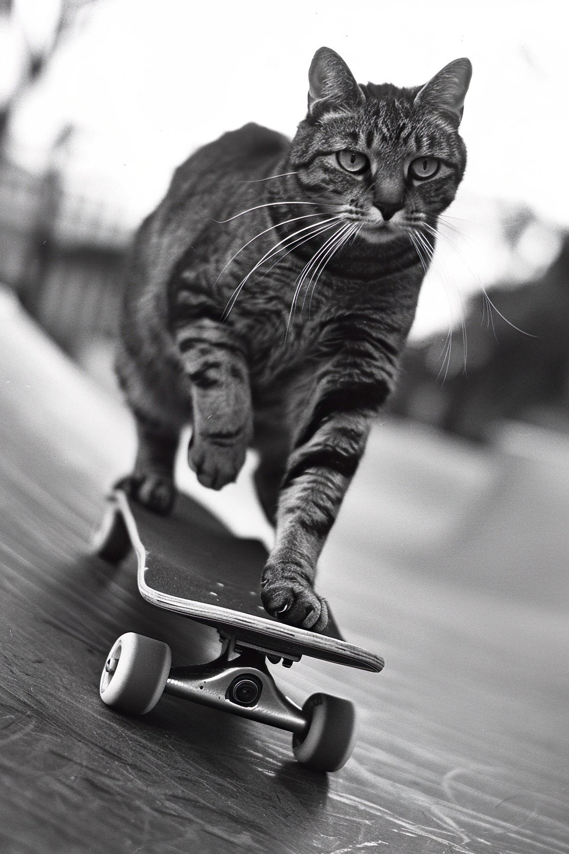Funny Tabby Cat Riding Skateboard Black And White Photo Print
