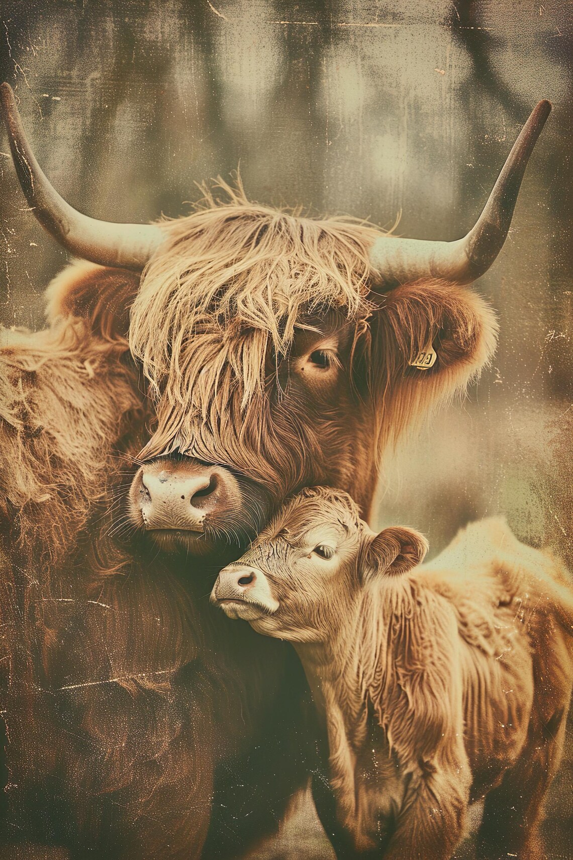 Mom and Baby Highland Cow Vintage Nursery Art Print