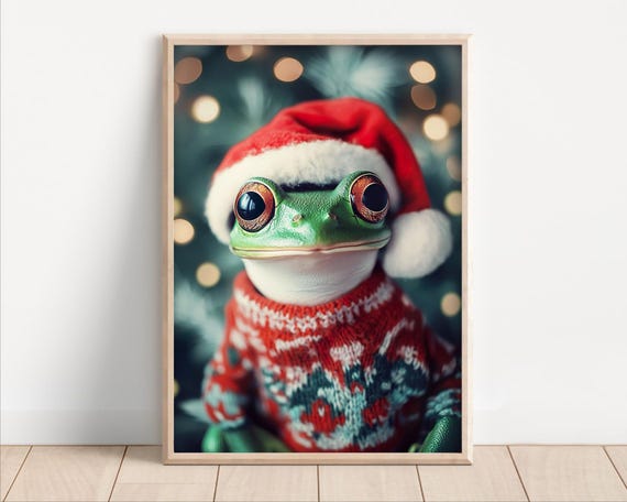 Cute Christmas Frog Funny Christmas Wall Art Retro Winter Animals Christmas Home Decor Funny Frog Photo Print Ai Art
