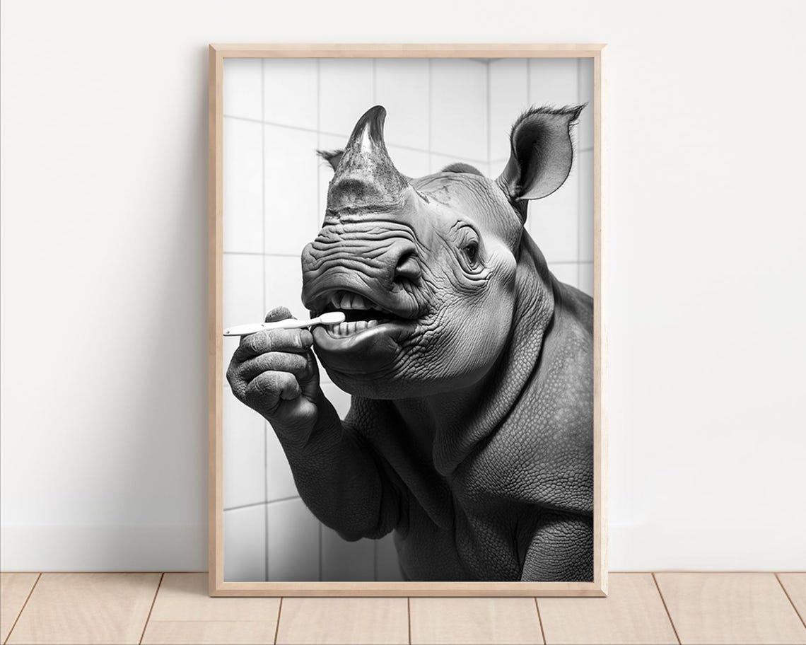 Rhino Brushing Teeth Framed Black And White Bathroom Humor Poster