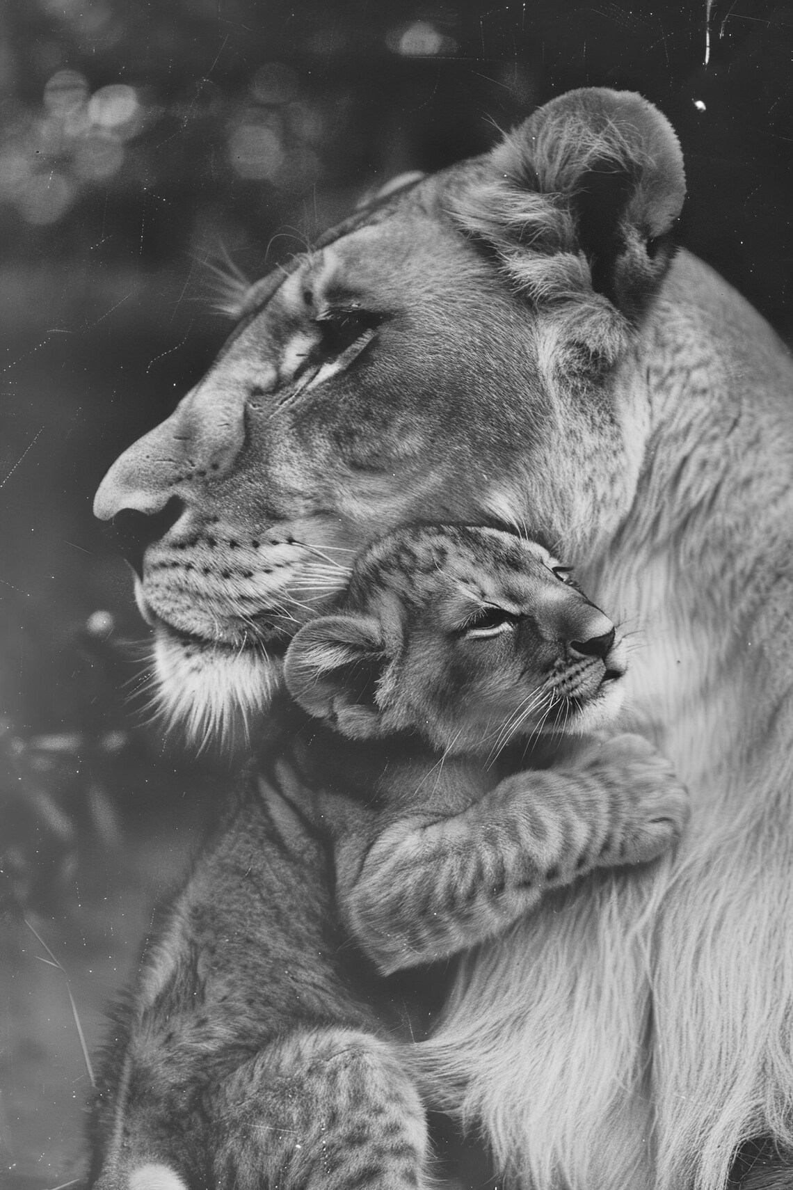 Lioness Profile with Cub Nestled Black and White Poster for Nursery Decor