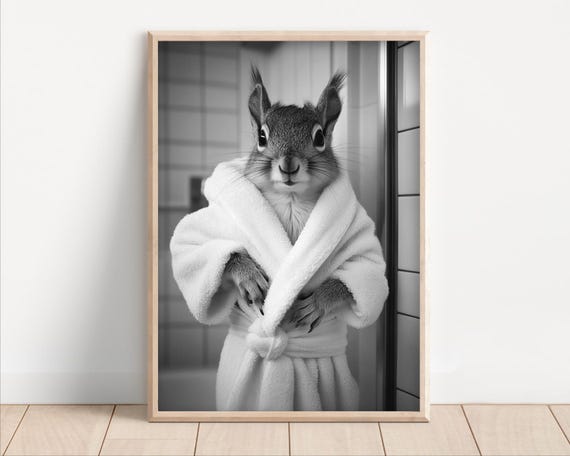 Squirrel In A Bathrobe Funny Bathroom Wall Art Funny Retro Vintage Style Animal Photo Cute Squirrel Wall Art Print Wall Art