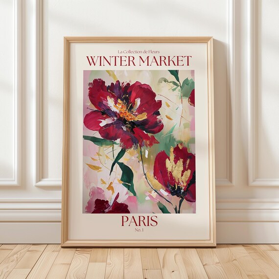 Winter Market Paris Red Floral Botanical Exhibition Poster Art
