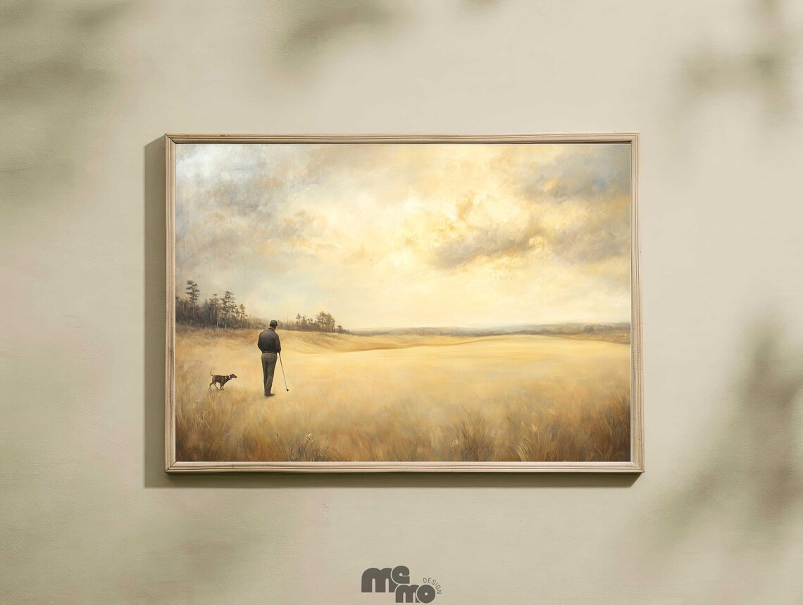 Golf and Dog Poster Print, Golden Field Landscape