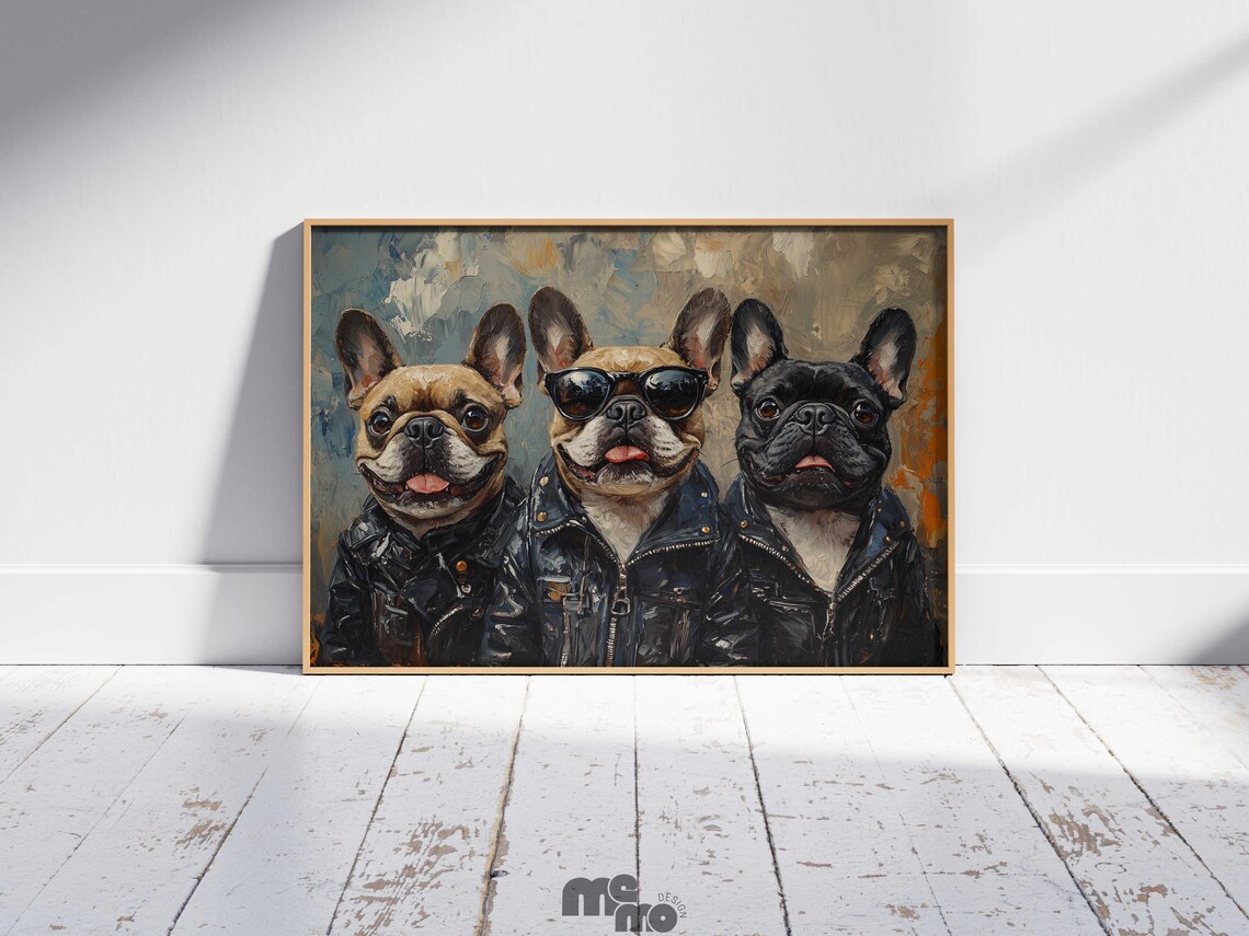Biker French Bulldogs in Black Leather Jackets Funny Dog Poster