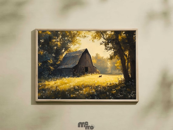 Rustic Barn Sunset Poster Golden Field Farmhouse Landscape Art
