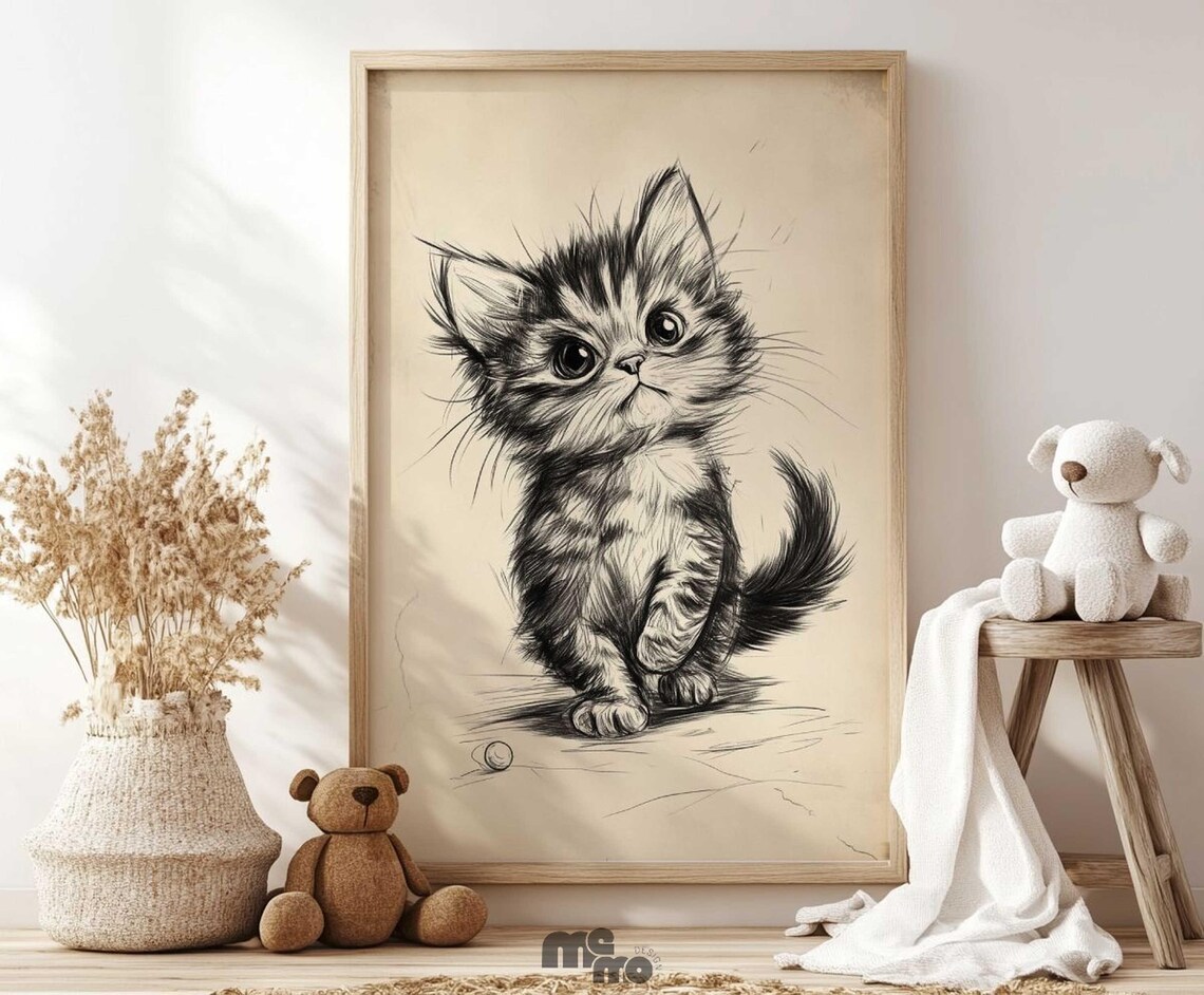 Cute Kitten Boho Sketch, Nursery Animal Decor