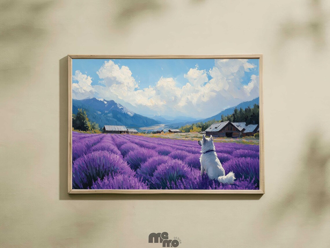 White Dog Lavender Field Oil Painting Poster Hokkaido Japan Summer
