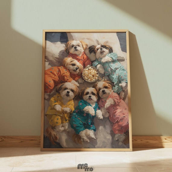Shih Tzu Pajama Party Cute Dogs Slumber Popcorn Painting Poster