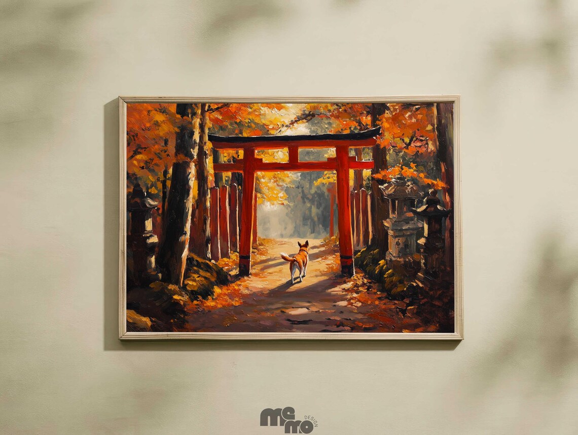 Shiba Inu Dog Fushimi Inari Wall Art Kyoto Japan Torii Gate Oil Painting Zen Pet Decor Gift For Lovers Artwork