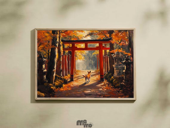 Shiba Inu Dog Fushimi Inari Wall Art Kyoto Japan Torii Gate Oil Painting Zen Pet Decor Gift For Lovers Artwork