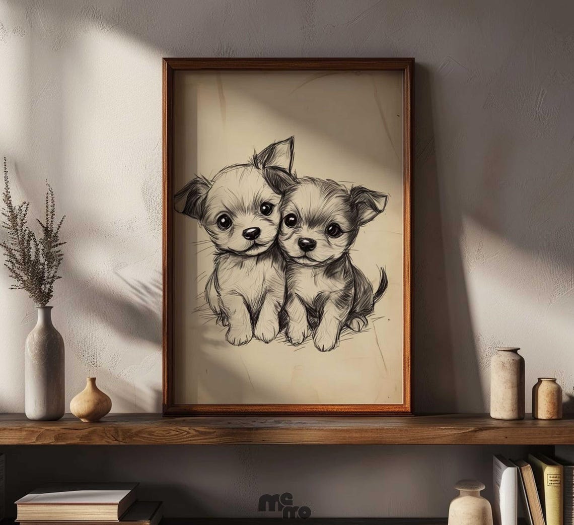 Twin Puppies Sketch, Boho Nursery Pet Decor - Image 5