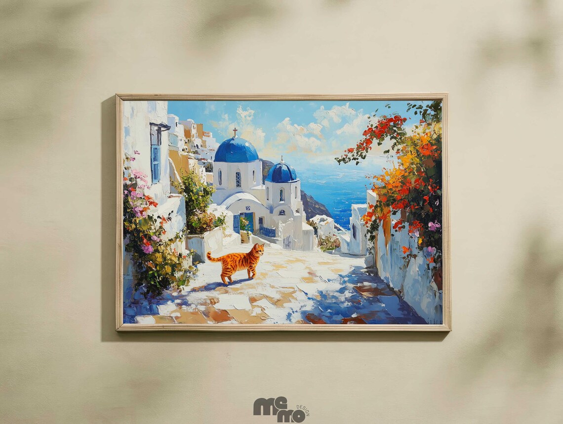 Santorini Greece Cat Art Print, Mediterranean Travel